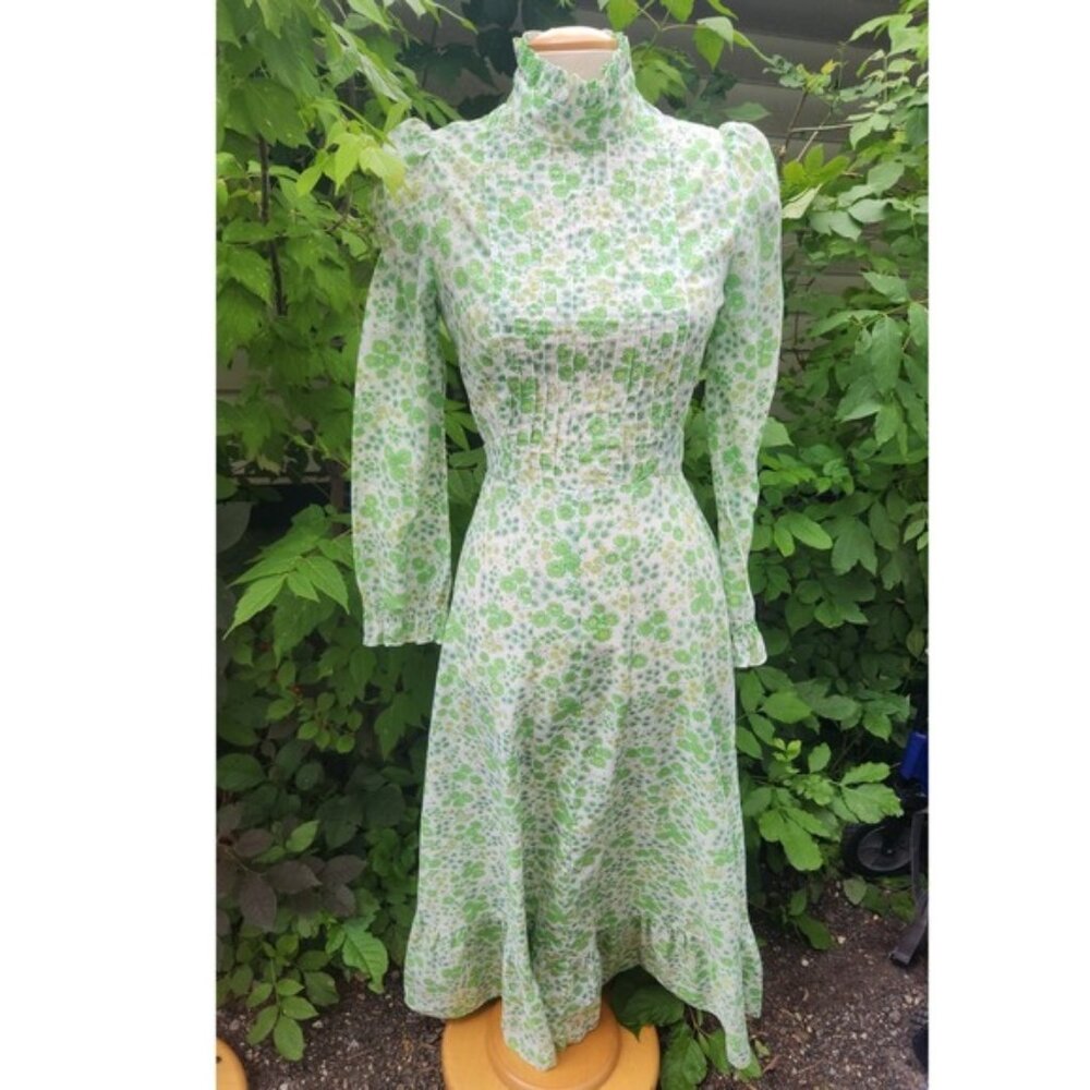 Peter Robinson 1967 Green Floral Prairie Dress High Neck Ruffle Long Sleeve Maxi